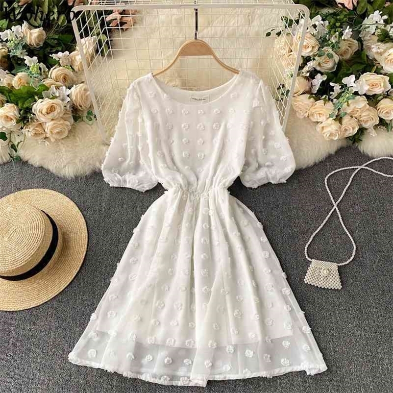 White Dresses for Women Korean Fashion Robe Tassel Polka Dot Puff Sleeve Vestidos Mujer Slim Sweet Chiffion Dress 210422