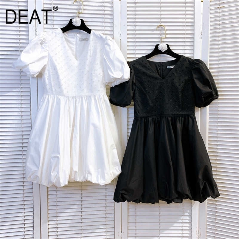 DEAT Women Black Beaded Dress V-Neck Short Puff Sleeve Arrivals Lady Temperament Fashion Spring Summer 11D675 210709