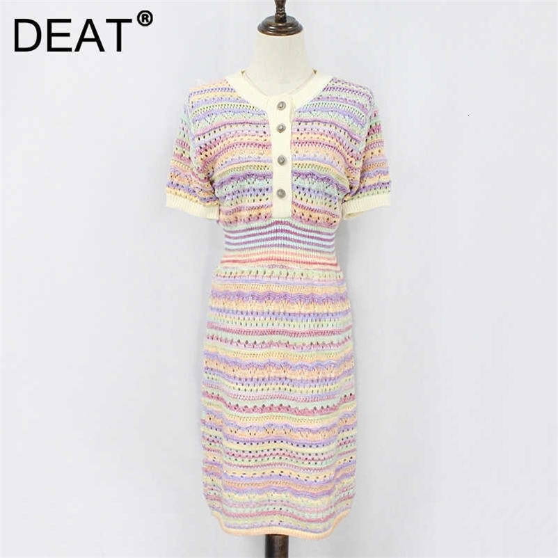 DEAT Women Knitting Hollow Out Striped Dress Round Neck Short Sleeve Lady Temperament Fashion Spring Summer 11D1953 210709