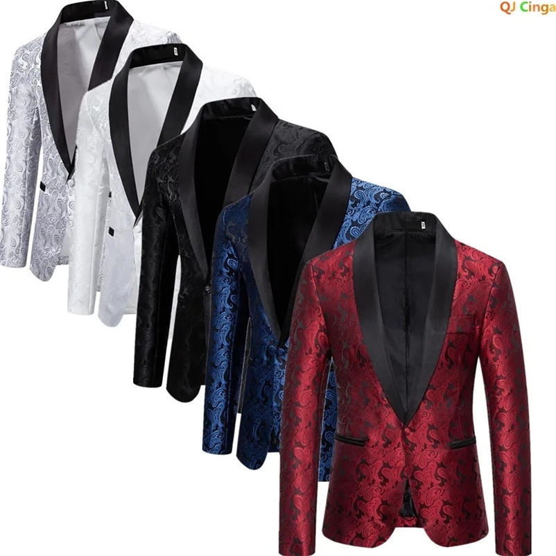 Men's Suits Blazers Red Cashew Flower Blazer Jacket Men's Wedding Party Dress Jacket White Blue Black Blazers S M L XL XXL 231110