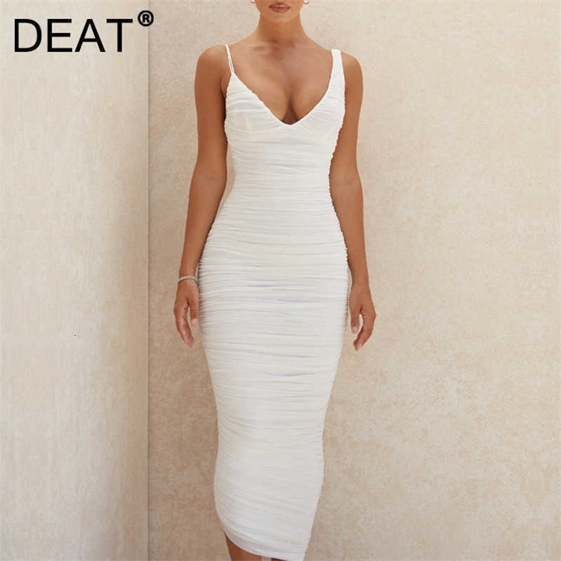 DEAT Women Slim iasymmetrical sexy V-neck sleeveless sling Dress Arrivals Lady backless Fashion Spring Summer 11D1098 210709