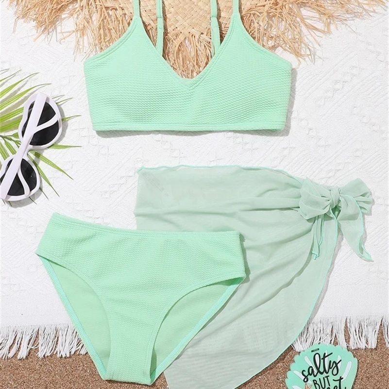 Girls Swimsuit Bikini 2025 Solid Ribbed Sling Bikinis Set High Waist Children Swimwear Three Piece Beach Kids Bathing Suit 250526