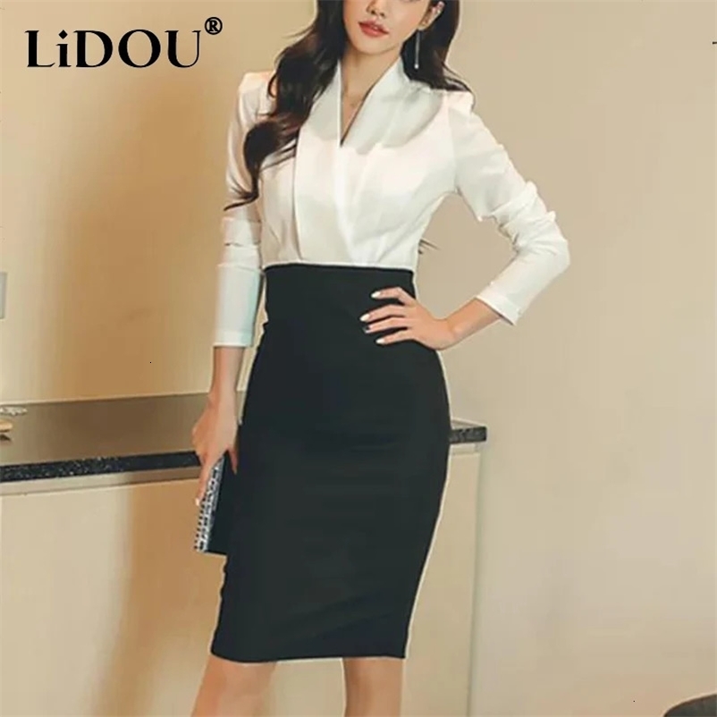 Summer Office Lady Elegant Fashion Patchwork Bodycon Dress Female Temperament Long Sleeve Waist Robe Women's V-neck Vestidos 240106