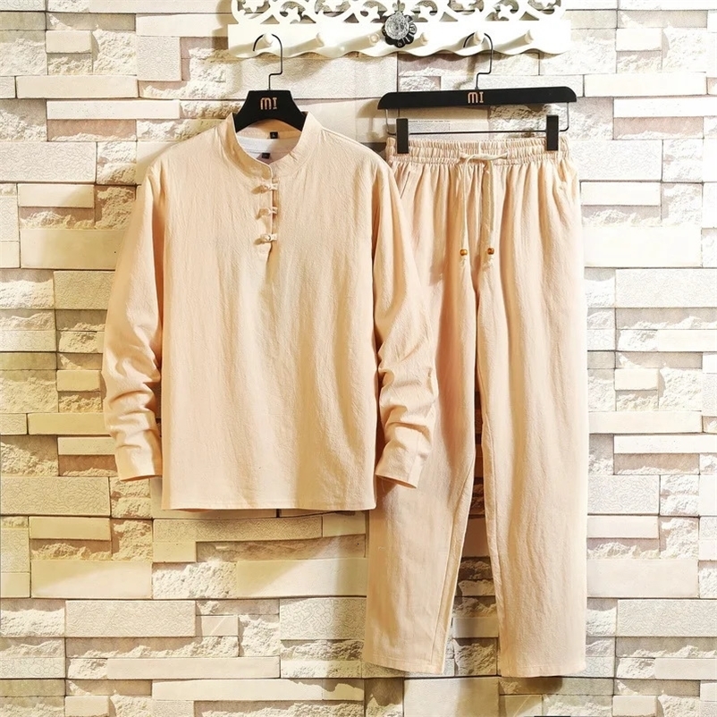 Arrival Mens Cotton and Linen Long Sleeve T-shirtPant Set Solid ShirtTrousers Home Suits Male 4 Colors Size M-5XL 8006 240530