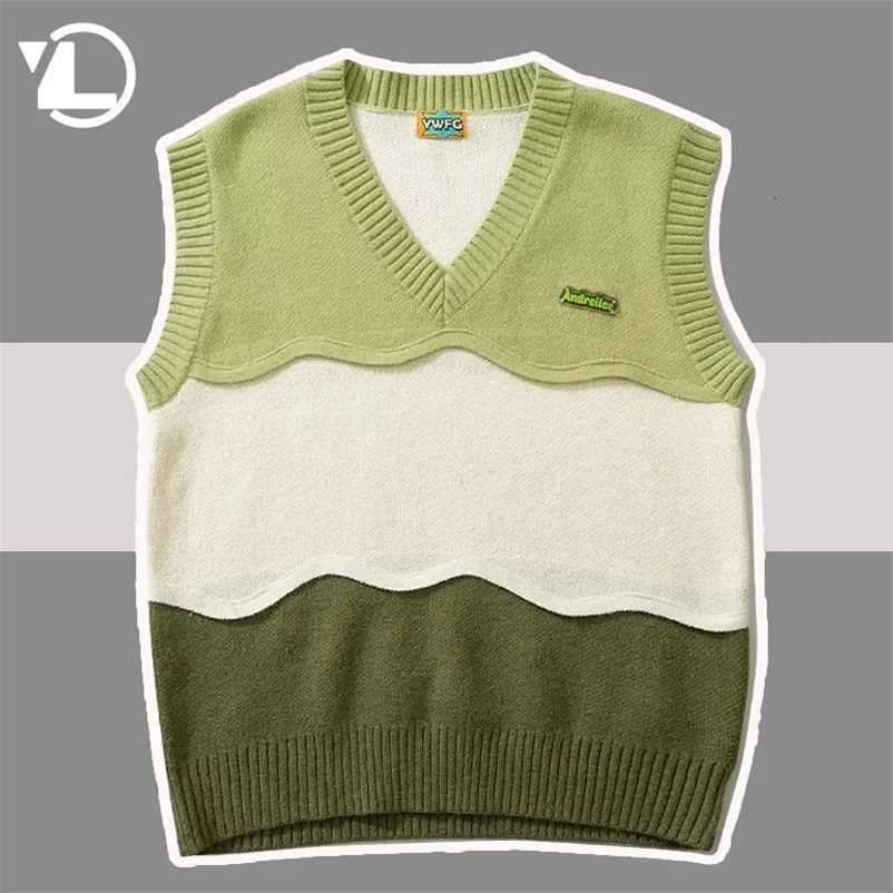 College Knitted Vest Sweaters Men Women High Street Casual Color Block V-neck Sleeveless Sweater Loose Casual Pullover Tops 240704
