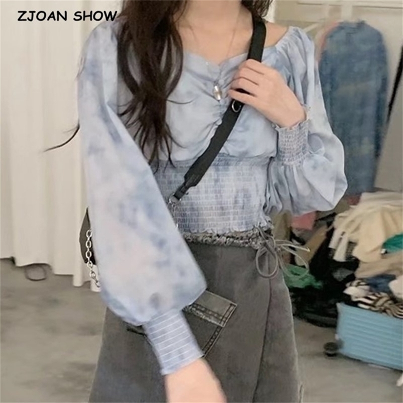 Autumn French Pleated Ruched Elastic Gradient Tie dye Shirt Women Sexy Long sleeve Slim Fit Blouse Tops 210429