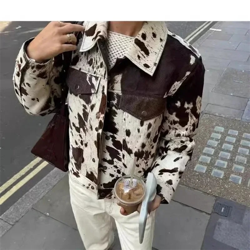 Fashion zipper spotted printed short jacket for womens casual long sleeved button pocket jacket autumn womens street jacket 250207