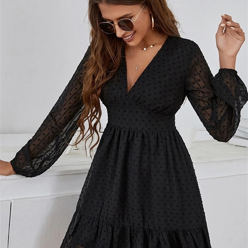 Casual Dresses Sexy Chiffon Mesh Long Sleeve Dress Women Casual White Ruffle Party Dresses Elegant Solid V Neck Mini Dress Spring Summer 230316
