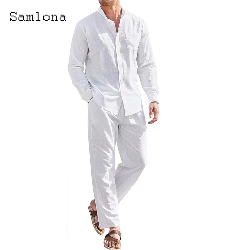Mens casual linen two-piece set European style retro basic top and solid pants set 250318