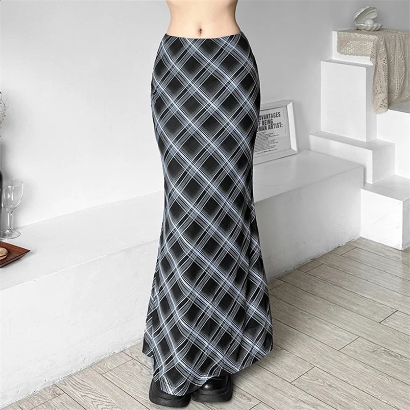 Aesthetics Retro Plaid Print Mesh Long Skirts Y2K Vintage 90s Low Waist Double Layer Straight Midi Skirt Korean Fashion Clothes 250228
