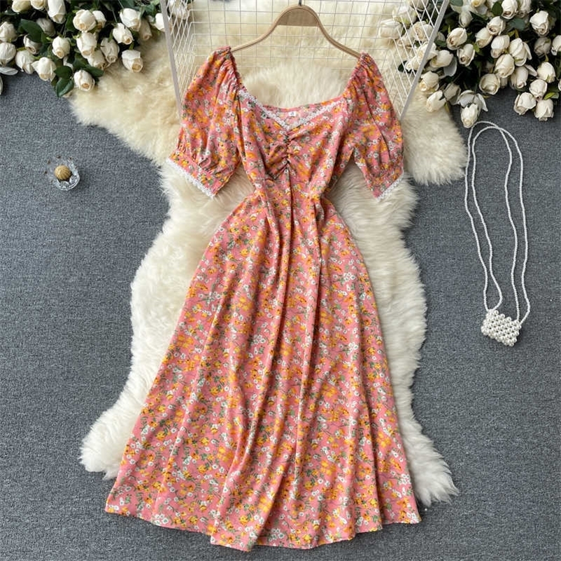 DEAT Women Printing Lace Dress Square Collar Puff Sleeve Arrivals Lady Temperament Fashion Spring Summer 11D565 210709