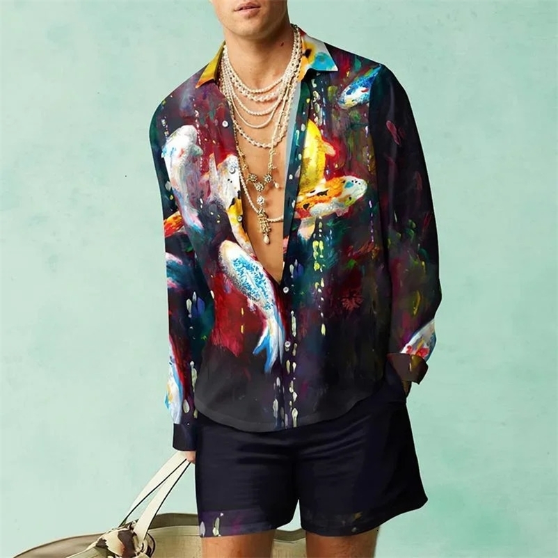 Casual Hawaiian Beach Set Men Outdoor 3D Koi carp print Abstract Long Sleeve Shirt 2Pcs Set of Breathable Loose Beach Shorts Set 240530