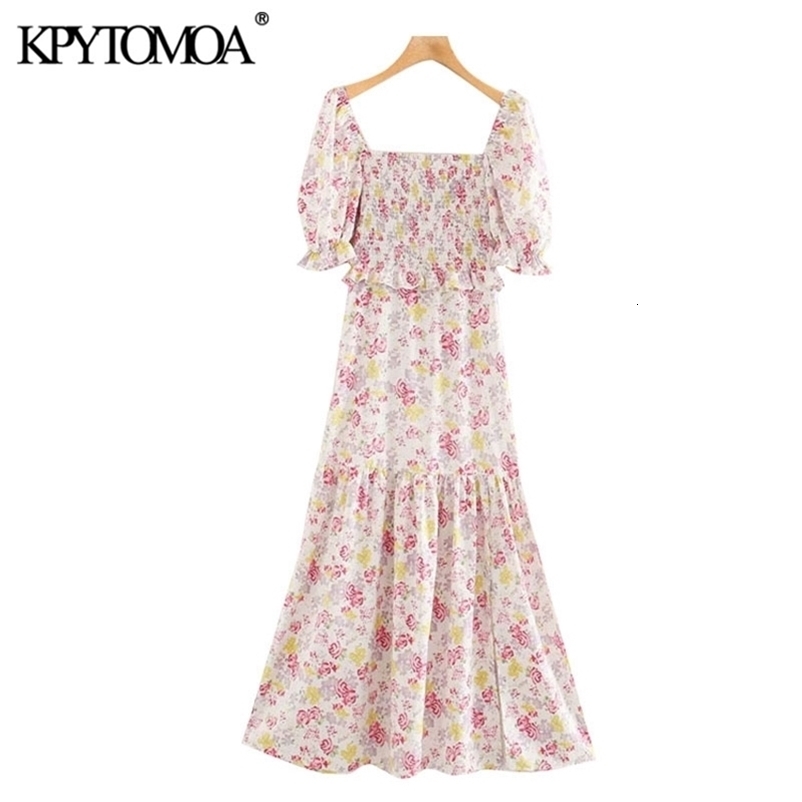Women Chic Fashion Floral Print Smocked Midi Dress Puff Sleeves Side Zipper Slit Female Dresses Vestidos 210420