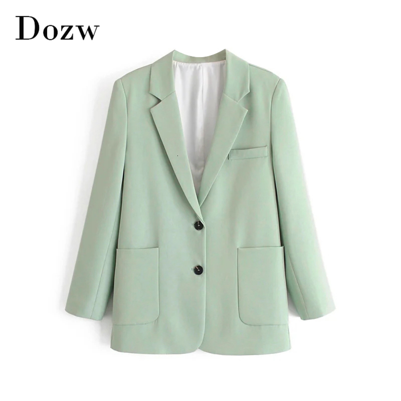 Green Color Casual Blazer Women Big Pockets Long Sleeve Jacket Female Notched Collar Office Wear Blazer Ropa De Mujer 210414