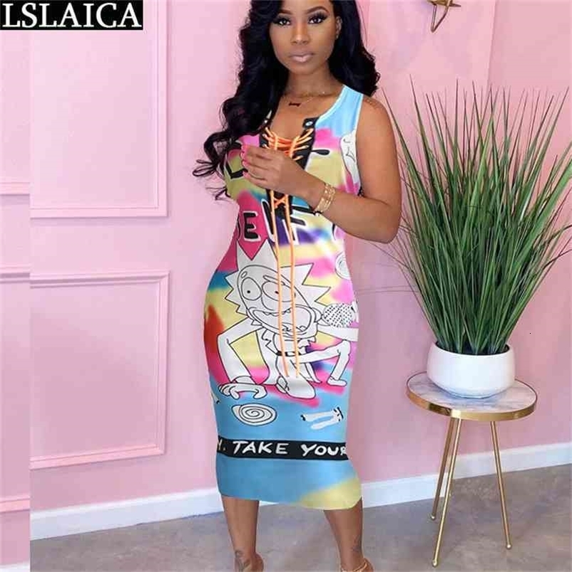 Elegant dress women cartoon print fashion casual bandage high waist sleeveless hollow out sexy bodycon office party 210515
