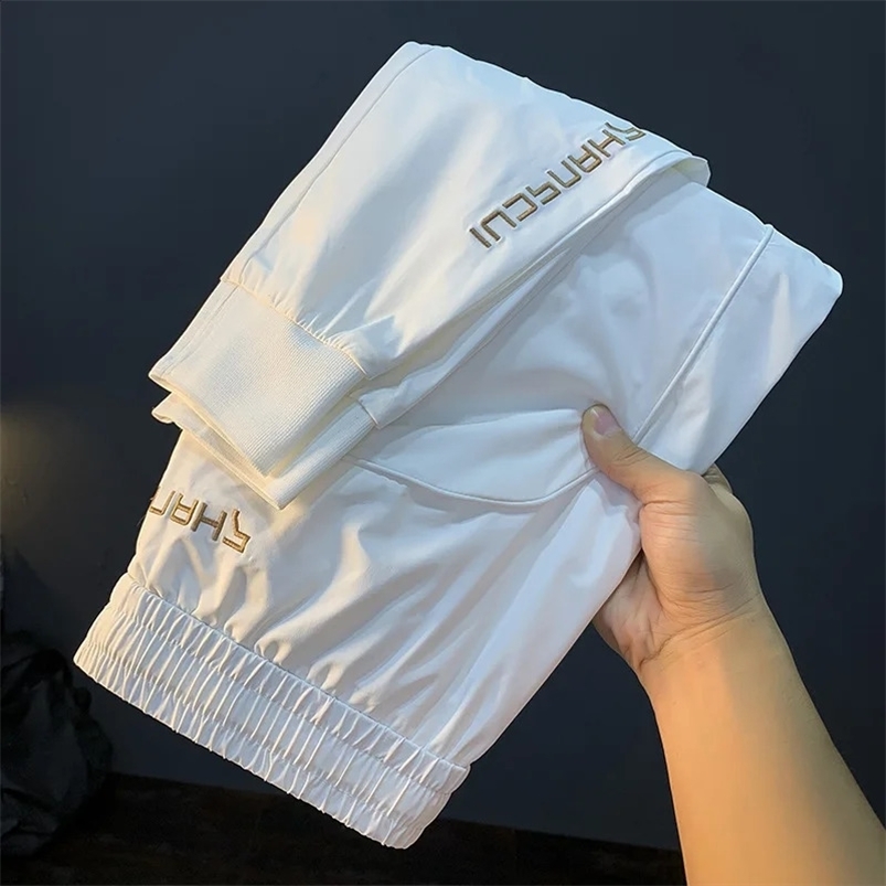 Summer thin casual pants mens white silk breathable cool ankle length black sports pants 250410