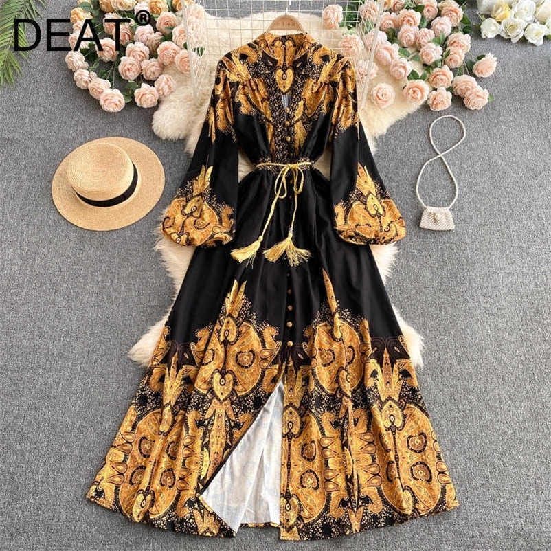 DEAT Women Printing Midi-long Dress V-Neck Long Sleeve Arrivals Lady Temperament Fashion Spring Autumn 11D1867 210709