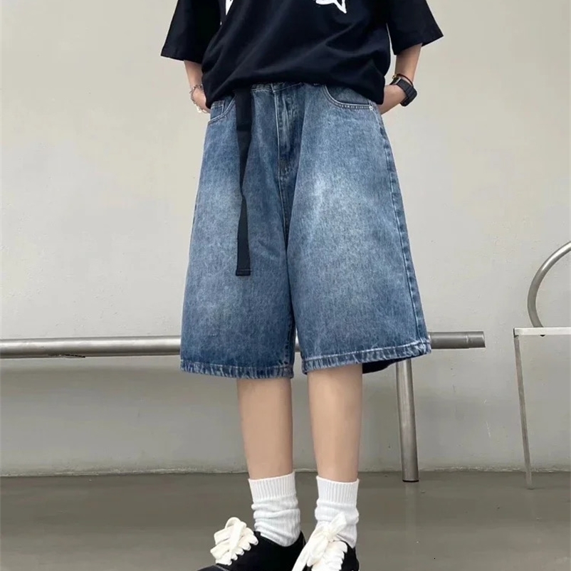 Street retro blue jeans summer style pocket wide leg denim half pants fashionable street clothing Y2k clothing oversized mens style 250109