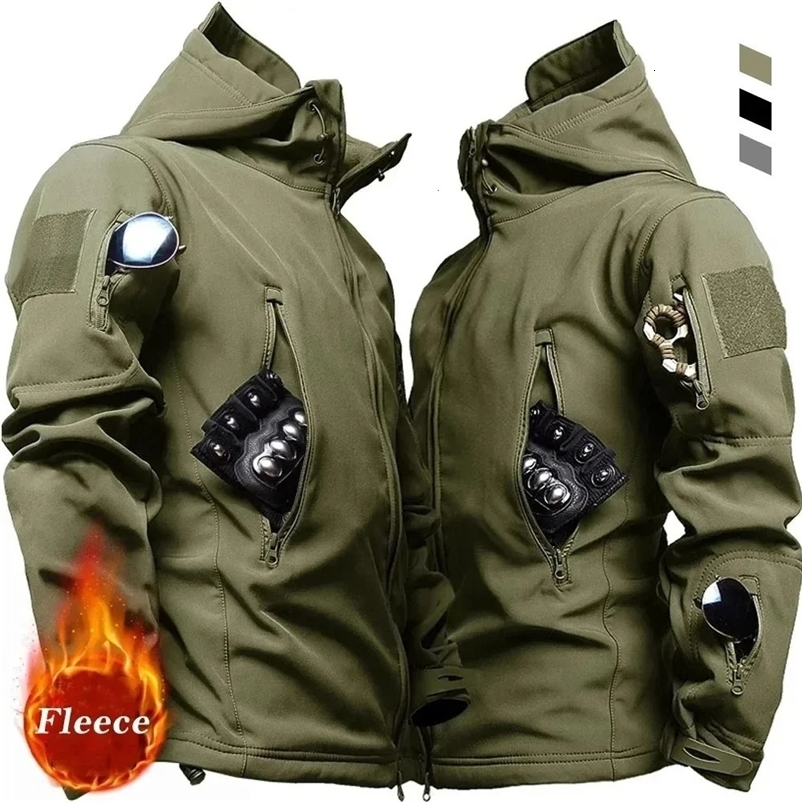 Mens hooded casual military outdoor multifunctional jacket fashionable shark skin soft shell tactical waterproof combat bomber jacket 241007
