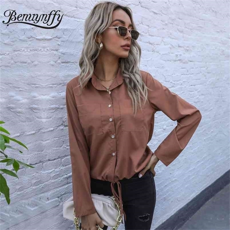 Turn-down Collar Pocket Front Drawstring Hem Women Shirts Spring Long Sleeve Female Solid Casual Tops Blouses 210510