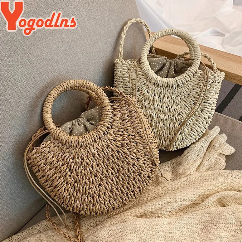 Yogodlns Handmade Half Round Rattan Womens Straw Bag Summer Messenger Cross Body Girls Little Beach Handbag 240830