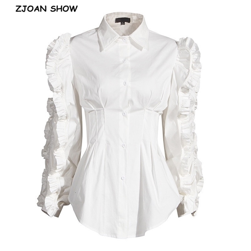 High quality Black White Ruffles Long sleeve Woman Shirt Retro Lapel Single-breasted Blouse Causal Ruched Slim Tops Blousas 210429