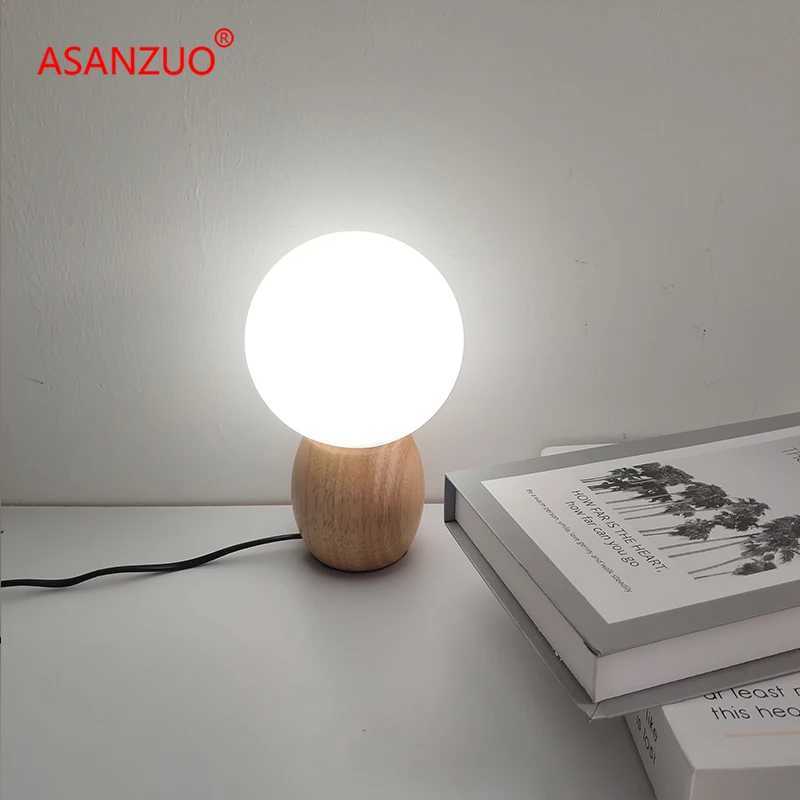 ASANZUO Wood table lamp milk white glass ball decor Bedroom bedside lamp Study Childrens eye protection warm LED desk lamp C251115