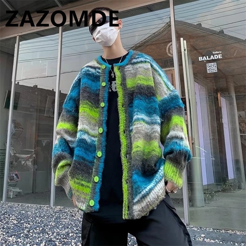 ZAZOMDE Mens Knitted Hip Hop Y2K Sweater Loose V-neck Single Chest Strap Knitted Striped Open Woolen Sweater Winter Coat 241007