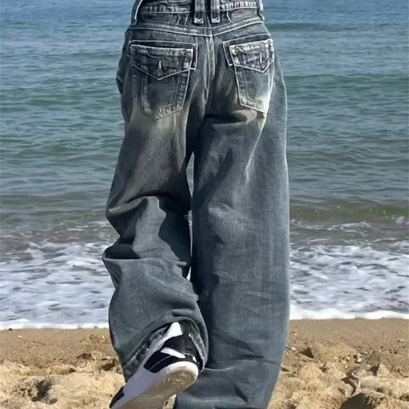 HOUZHOU Y2K 2000s Retro Bagged Jeans Harajuku Womens Street Clothing Oversized Denim Pants Korean Gyaru Grunge Hip Hop Trouser 250117