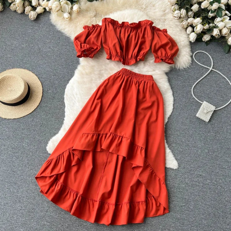 Summer Sexy Women Set Puff Sleeve Offshoulder Blouses Irregular Aline Maxi Skirts Two Piece Sets Womens Outifits 240423