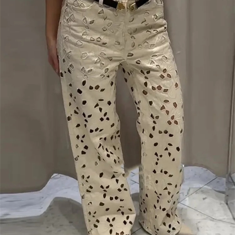 Fashionable hollow jeans womens high waist wide leg long jeans womens spring/summer street casual loose womens pants 250422