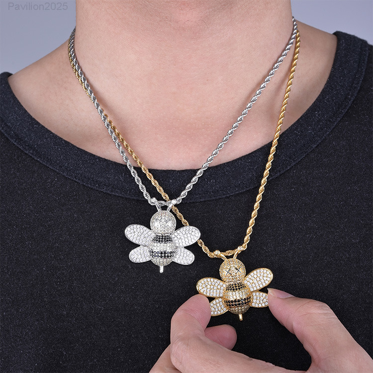 JWY Mens Stylish Brass Pendant Necklace Big Iced Out Bee with Gold Silver Plating Hip Hop Fashion Charms with Moissanite Stone