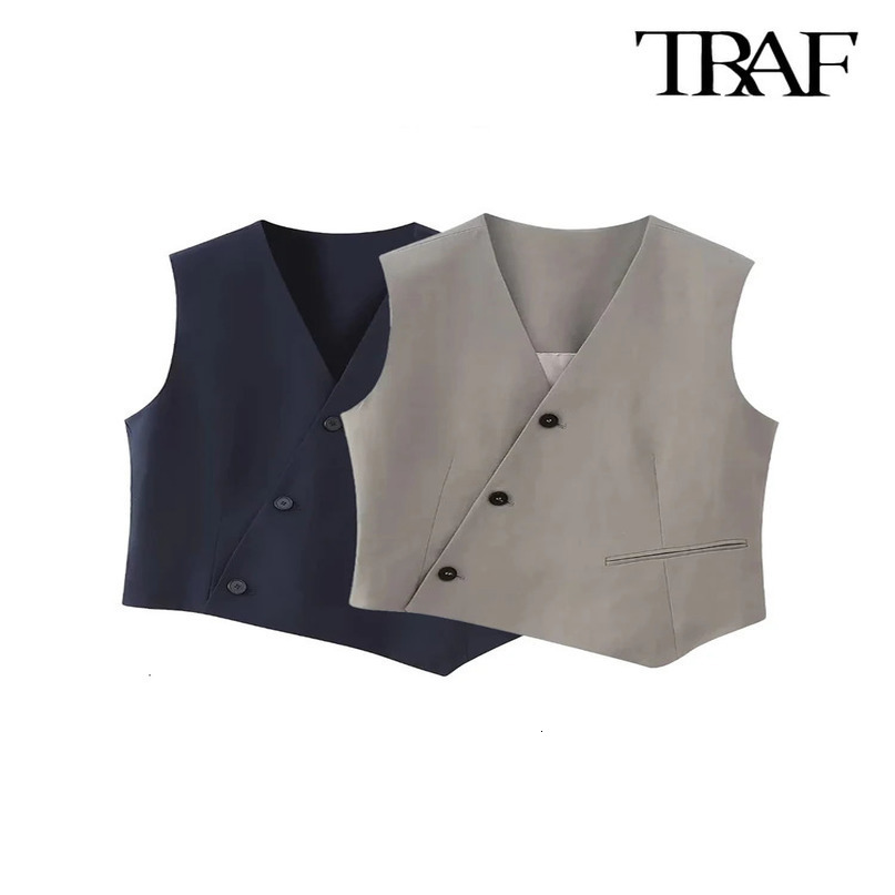 TRAF Women Fashion Asymmetric Front Button Waistcoat Vintage Sleeveless Back Tap Female Outerwear Chic Vest Tops 240523