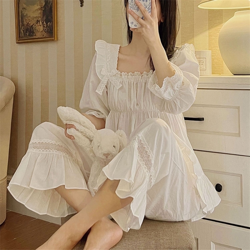 Women's Sleepwear Pure Cotton Vintage Pajamas Women Spring Autumn Sweet Lace Ruffles Sleep Tops Bottoms Long Pants Pajama Sets Princess Sleepwear