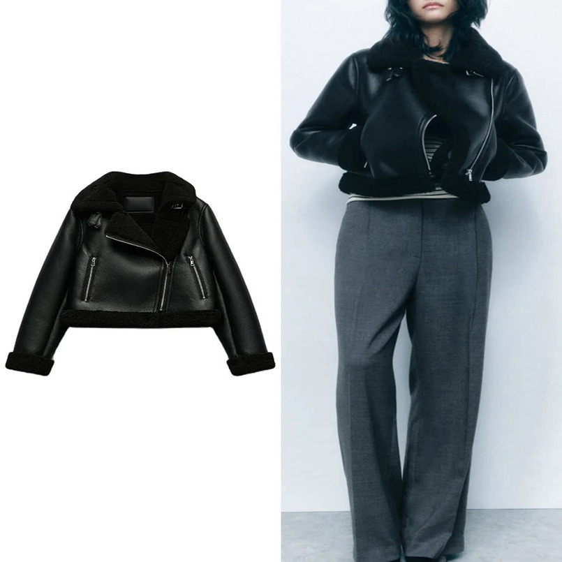 TRAF Womens Winter Fashion Casual Jacket Thickened Warm Loose Fur One Coat Long Sleeve Zip Retro Short Jacket 241217