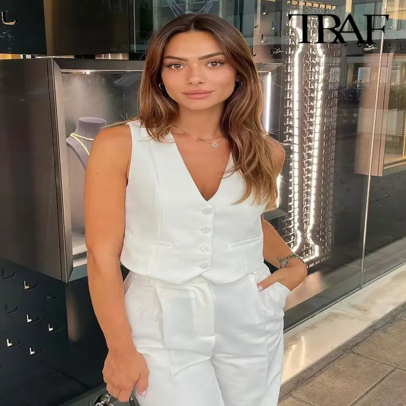 TRAF Women Fashion Front Button Asymmetric Waistcoat Vintage V Neck Sleeveless Female Outerwear Chic Vest Tops 240523