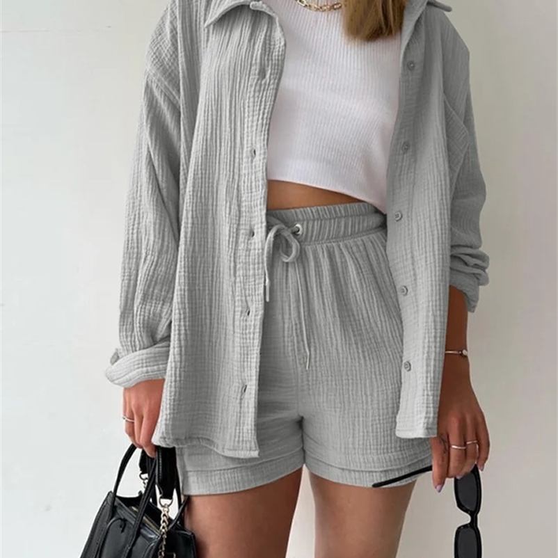 Solid pleated collar top shorts set for women oversized single chest full sleeved shirt lace pants spring womens clothing 250318