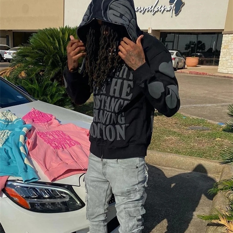 BIG PROMOTION Y2K European and American Autumn and Winter Mens Printed Hooded Cardigan Zipper Loose Fashion Sweater Coat 240912