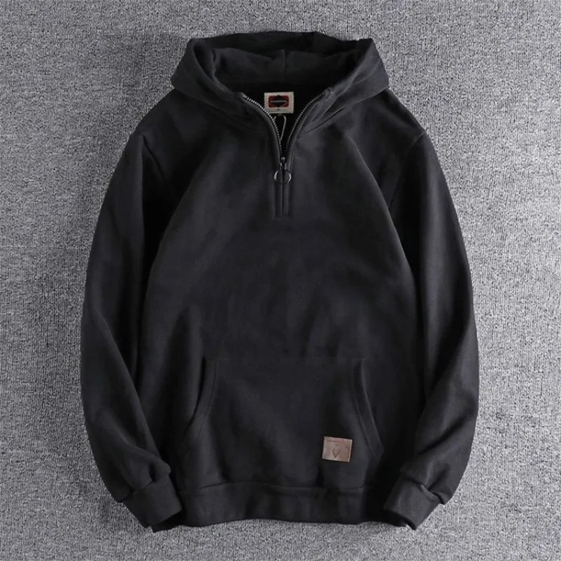 Mens black half zipper mens sports shirt warm hooded sweatshirt solid hooded wool Y2k retro high-quality Korean loose fit 240927