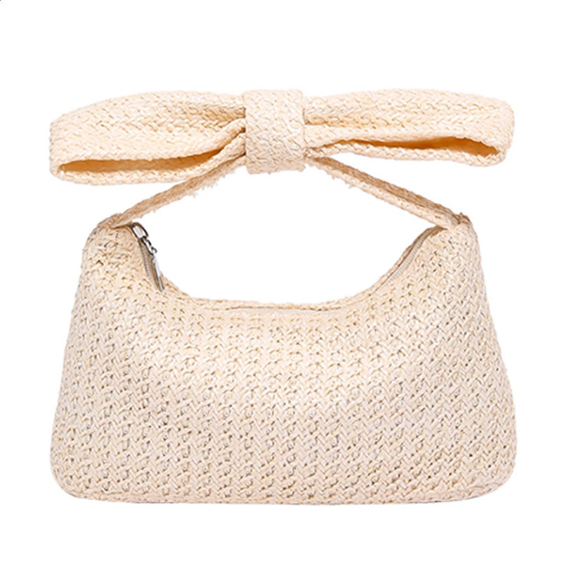 Knotted Summer Beach Bag Woven Bow Evening Clutch Handbag Solid Color Top Handle for Women Party Vacation Wedding 240731