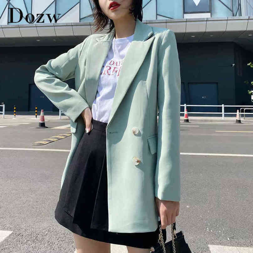 Casual Double Breasted Office Wear Blazer Women Notched Neck Long Sleeve Coat Outerwear Pockets Solid Jacket Lady 210414