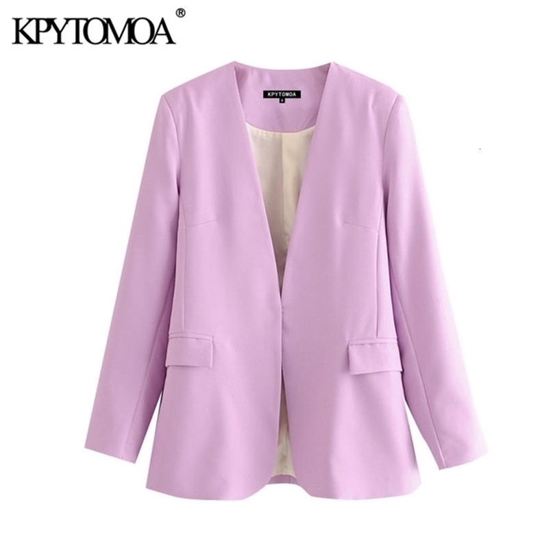 KPYTOMOA Women Fashion Office Wear V Neck Blazer Coat Vintage Long Sleeve Back Vents Pockets Female Outerwear Chic Tops 201106