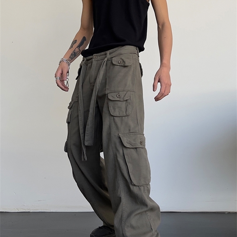 Men's Pants High street retro casual large pocket overalls men's and women's summer high waist loose straight tube draped wide leg pant