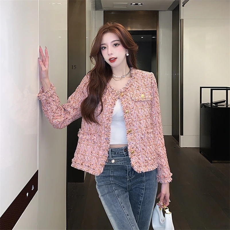 Autumn Winter Vintage Pink Tweed Weave Jacket Coat Women Small Fragrance Korean Tassel Woollen Coats Elegant Outerwear 240704