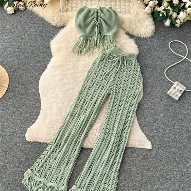 SINGREENY Summer Knitted Beach Two Piece Womens Strapless Strap VestWide Leg Pants Tassel Hollow BiH Set 250423