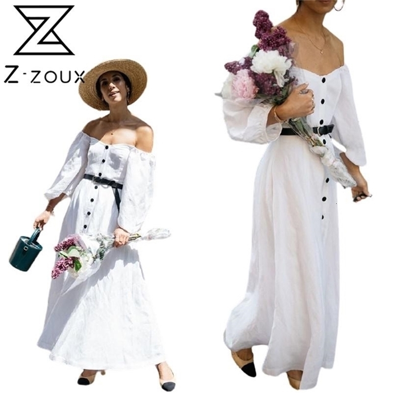 Women Dress Slash Neck Off Shoulder Maxi Temperament White Ladies es High Waist Single Breasted Long es 210513