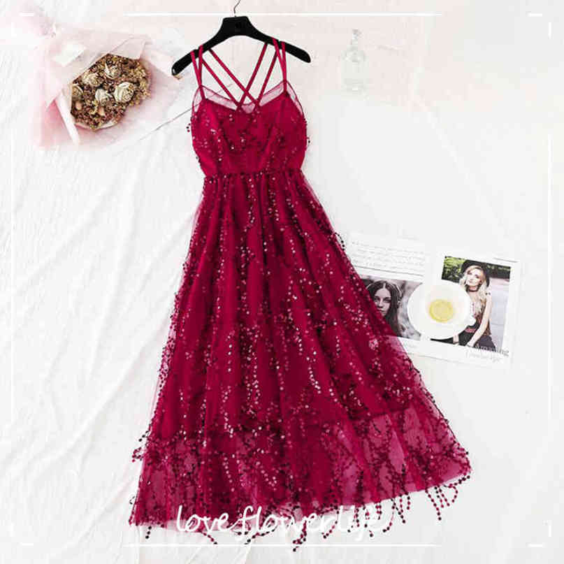 Summer Women Sequins Mesh Spaghetti Strap Dress Sleeveless V Neck Open Back Sexy Lace Dress Female Sweet Sling Tulle Long Dress 210521