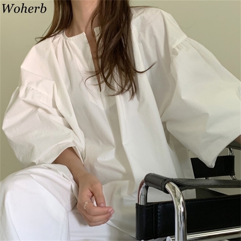 Oversized Lantern Sleeve Blouse Women Korean Chic Fashion Loose Casual V-neck Blusas All Match Shirts 210519