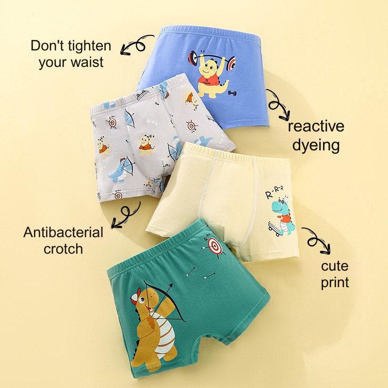 Kids' Cartoon Dinosaur Print Cotton Boxers Set of Four with Antimicrobial Properties-4917