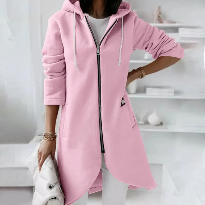 Autumn Casual Women Long Hoodies Sweatshirt Coat Zip Up Outerwears Hooded Jacket Winter Pockets Outwear Female Warm Tops 240318